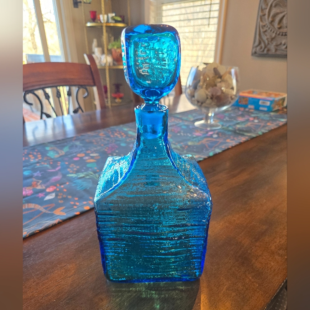 Blenko Blue Glass Square Decanter with Stopper. 11" H 4.5" W